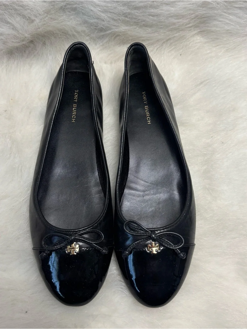 Tory Burch Patent Leather Cap Toe Bow Ballet Flats in Perfect Black 7.5